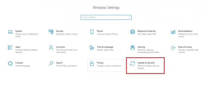 opening update and security settings