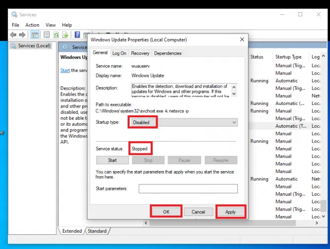 disabling Windows Update service