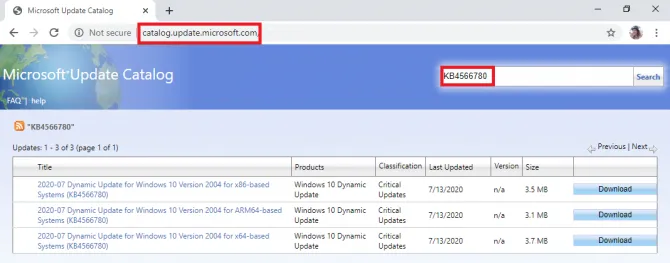 searching for an update in Windows Catalog