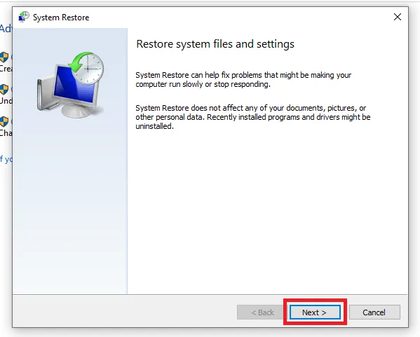 clicking Next on system restore