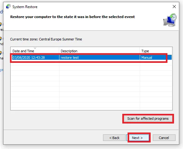 choosing system restore point