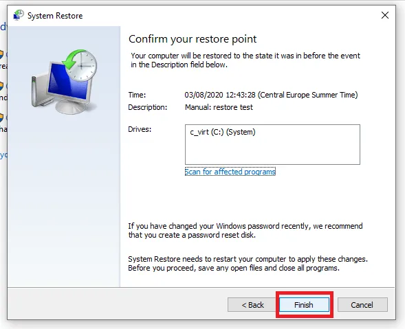confirming system restore